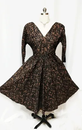 * VINTAGE '50s BLACK & COPPER FLORAL DRESS SPRINKLED WITH RHINESTONES & BEADS WITH A METAL ZIPPER