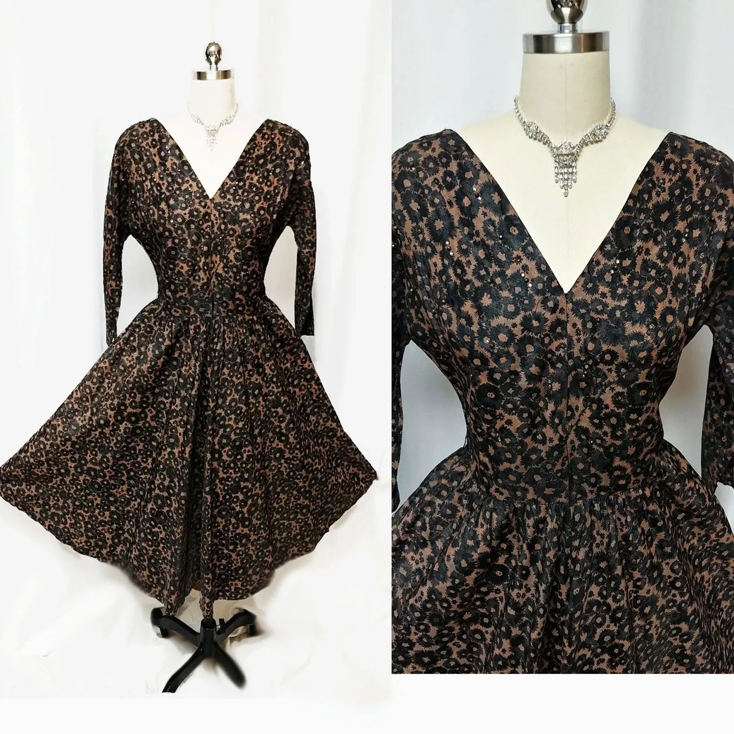 * VINTAGE '50s BLACK & COPPER FLORAL DRESS SPRINKLED WITH RHINESTONES & BEADS WITH A METAL ZIPPER