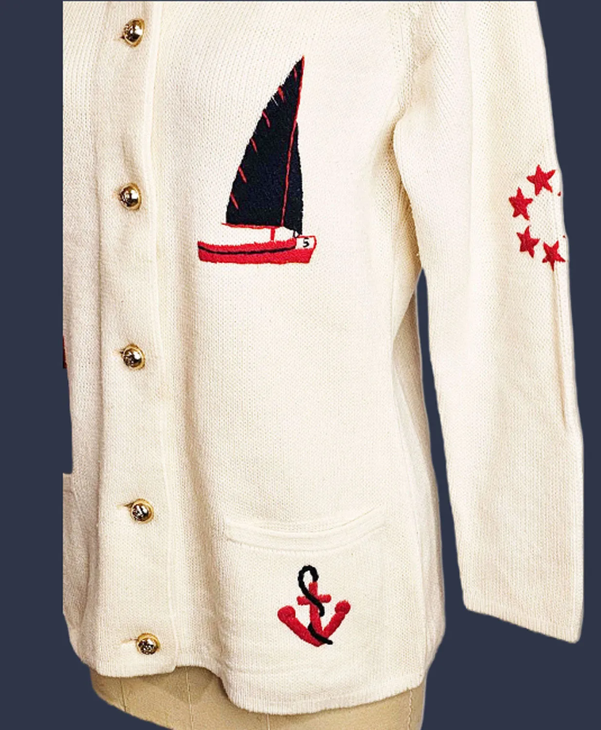 *  VINTAGE LEROY KNITWEAR NAUTICAL SWEATER WITH YARN SAILBOATS, ANCHORS AND STARS