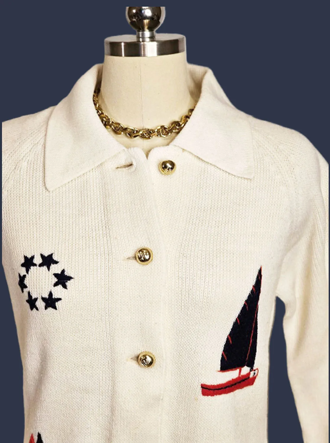 *  VINTAGE LEROY KNITWEAR NAUTICAL SWEATER WITH YARN SAILBOATS, ANCHORS AND STARS