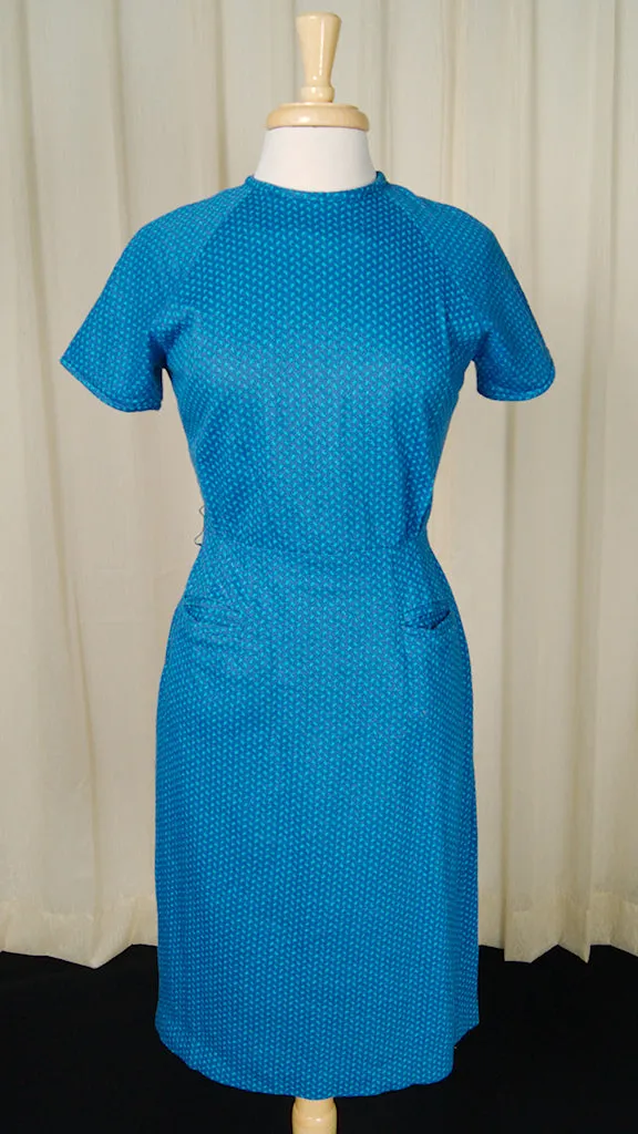 1960s Blue Knit Wiggle Dress