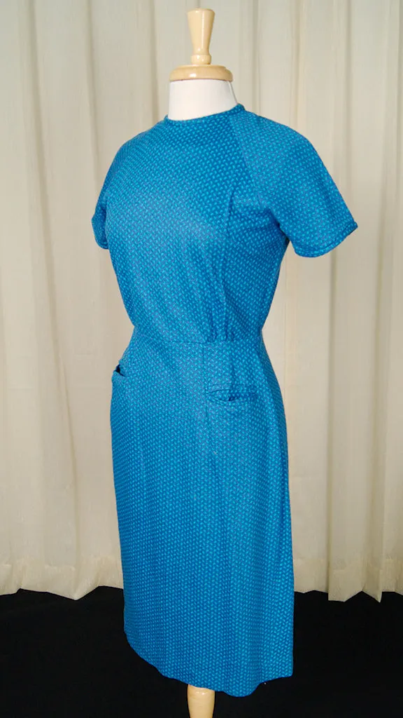 1960s Blue Knit Wiggle Dress