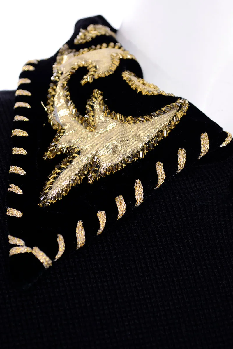 1980s Black Wool Sweater Knit Jacket With Gold Metallic & Velvet Trim