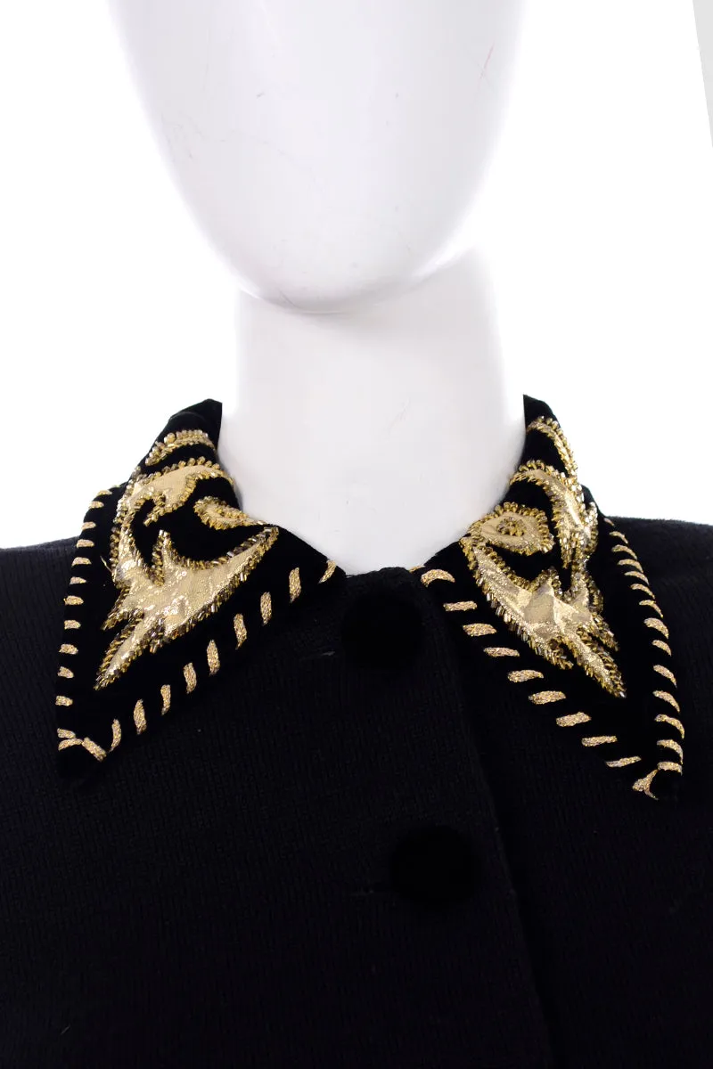 1980s Black Wool Sweater Knit Jacket With Gold Metallic & Velvet Trim