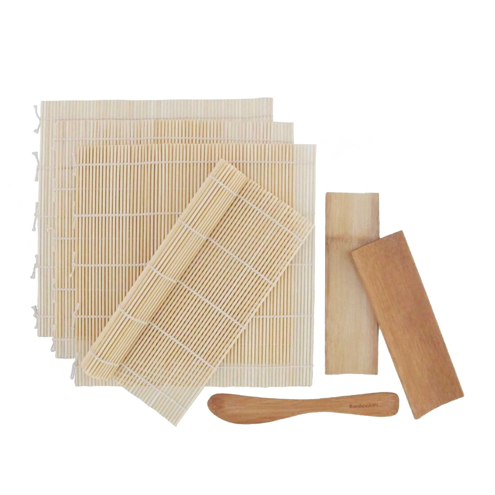 4x Bamboo Sushi Rolling Mats, 2x Bamboo Sushi Plates and Spreader Set - Green/Natural