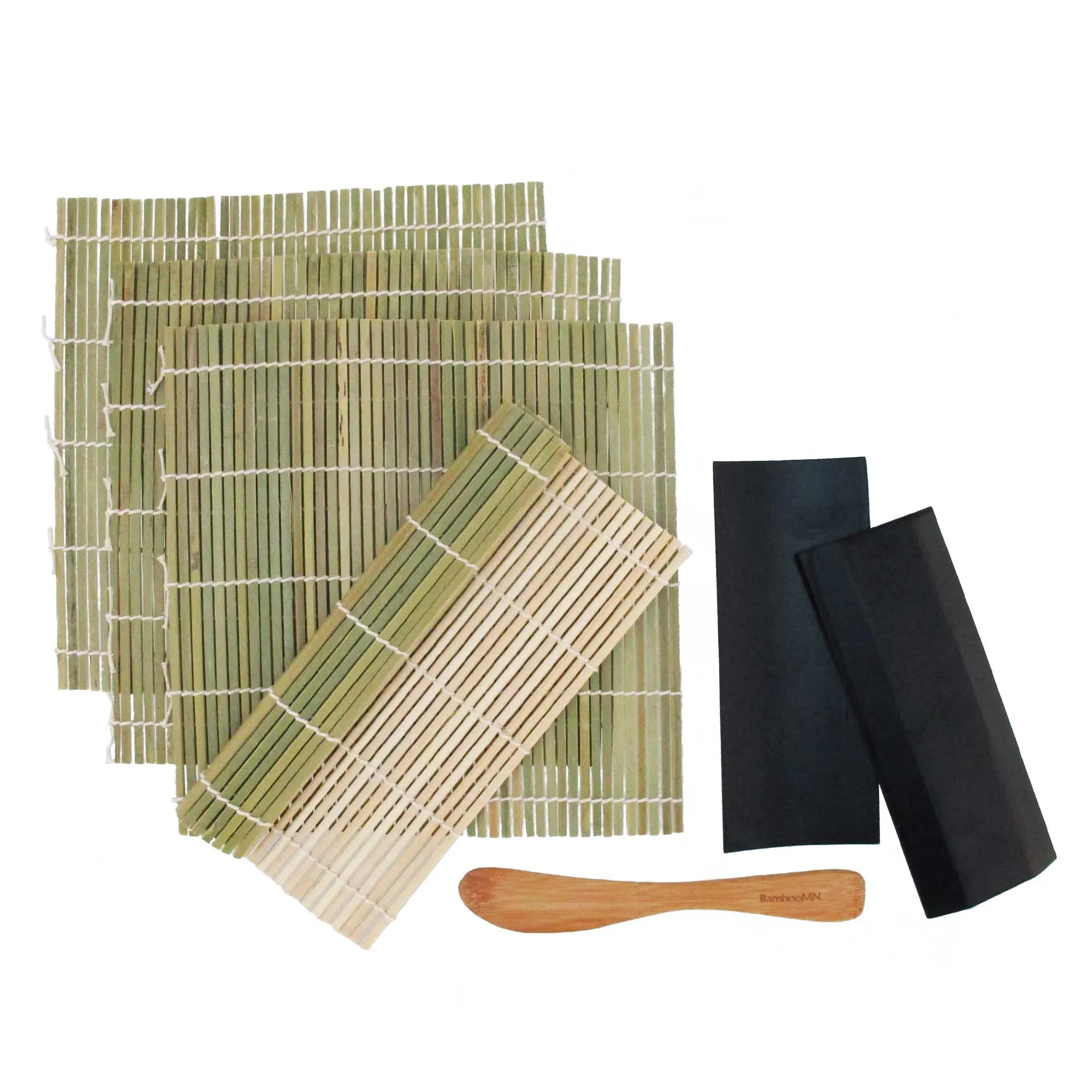 4x Bamboo Sushi Rolling Mats, 2x Bamboo Sushi Plates and Spreader Set - Green/Natural