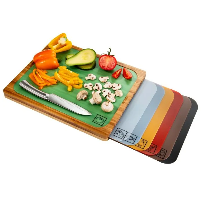 Bamboo Cutting Board w/ 7 Color-Coded Cutting Mats