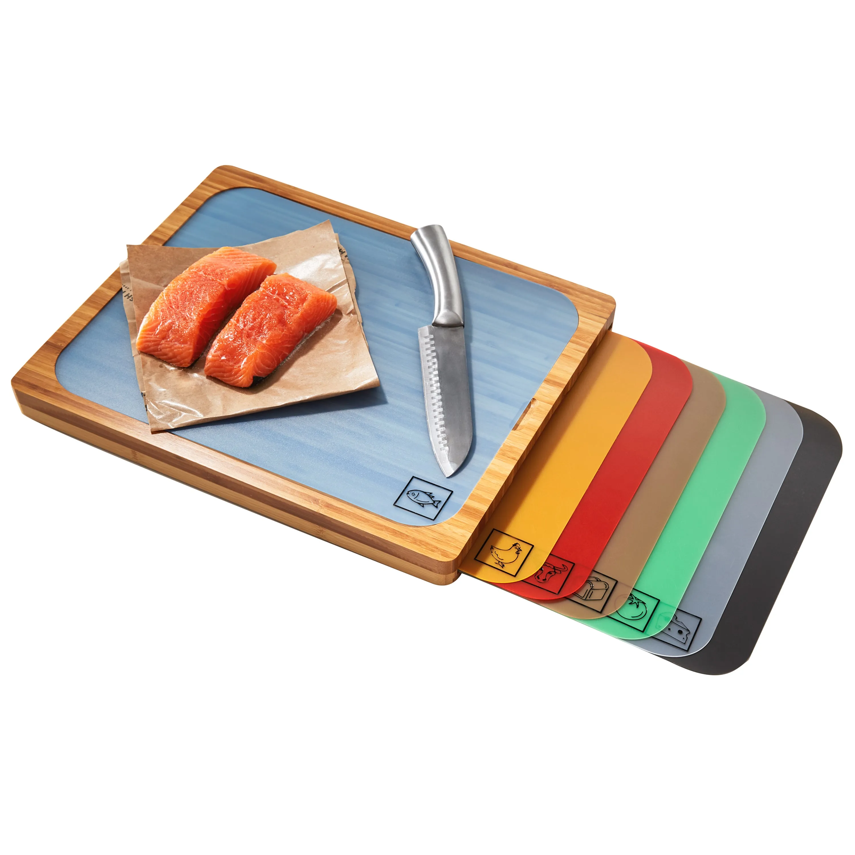 Bamboo Cutting Board w/ 7 Color-Coded Cutting Mats