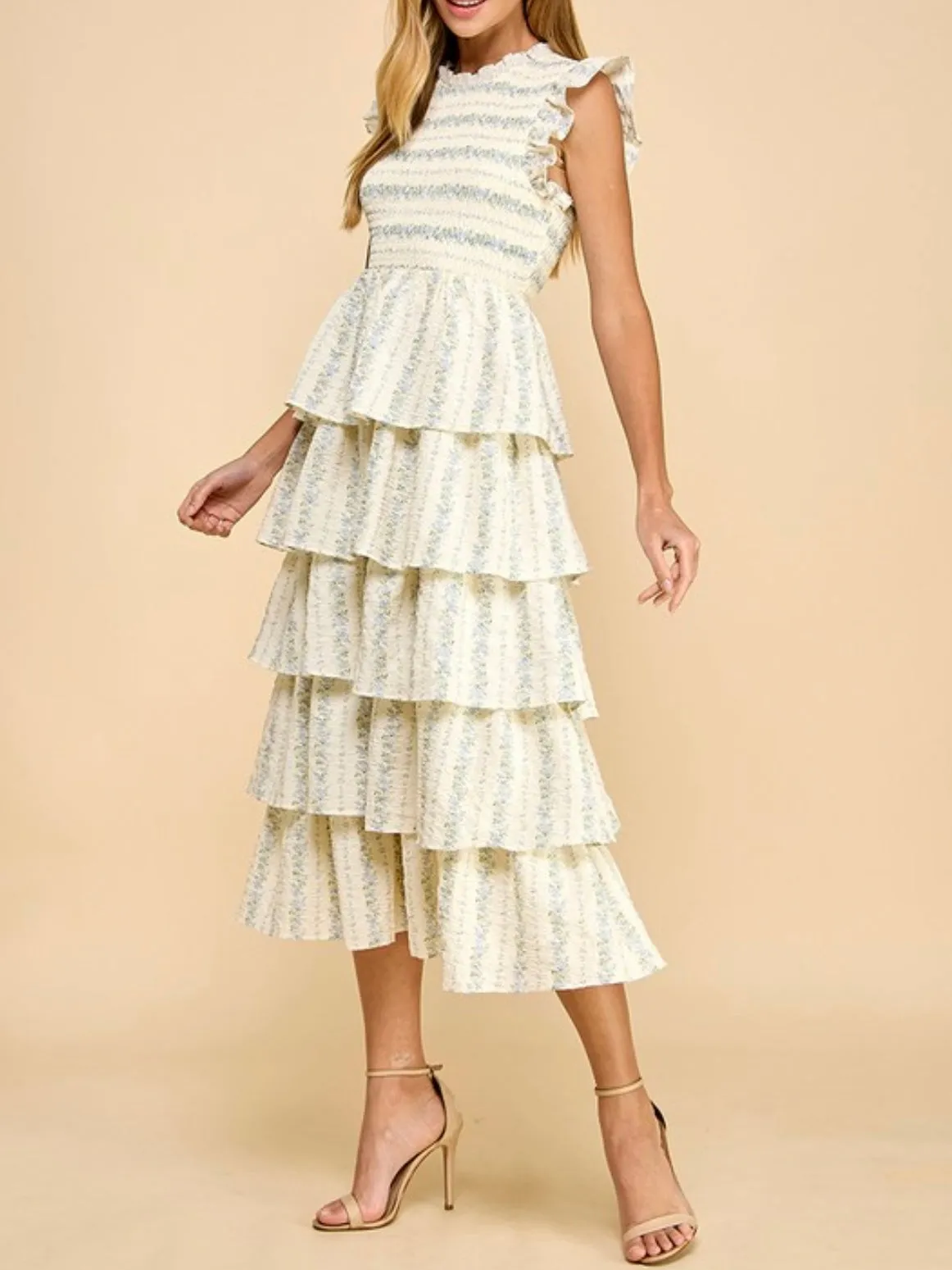 Beige and floral stripes layered ruffled midi dress