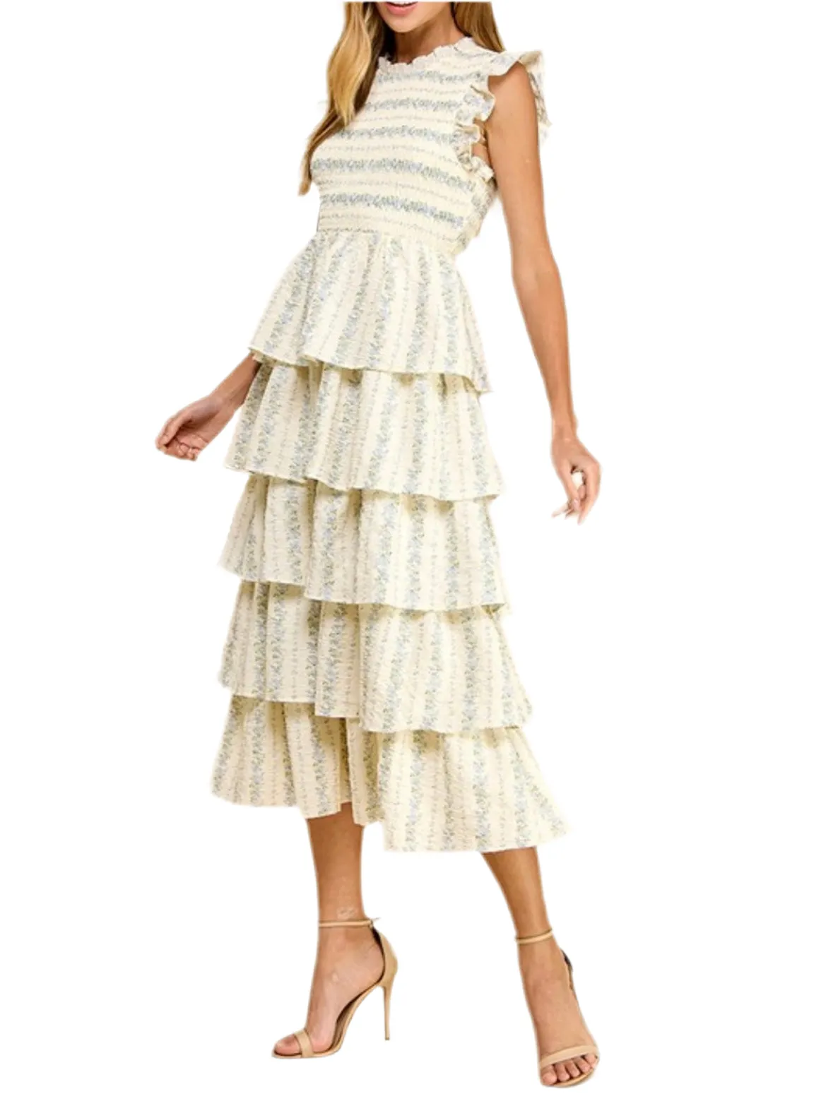 Beige and floral stripes layered ruffled midi dress