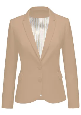 Beige Women's Long Sleeve Formal Notch Lapel Button Down Blazer Pockets Jacket