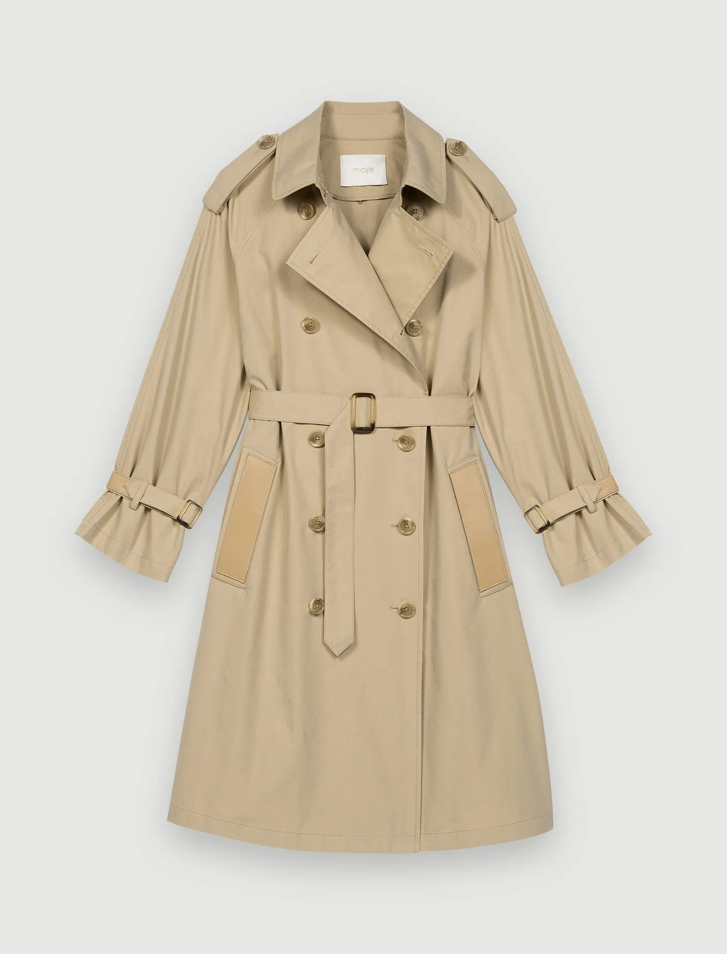 BELTED TRENCH COAT WITH LEATHER PATCHES