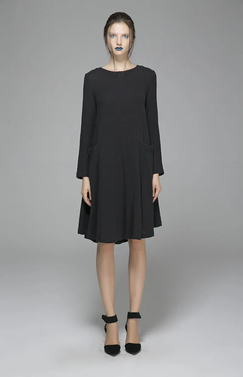 Black linen dress midi dress shirt dress 1399#