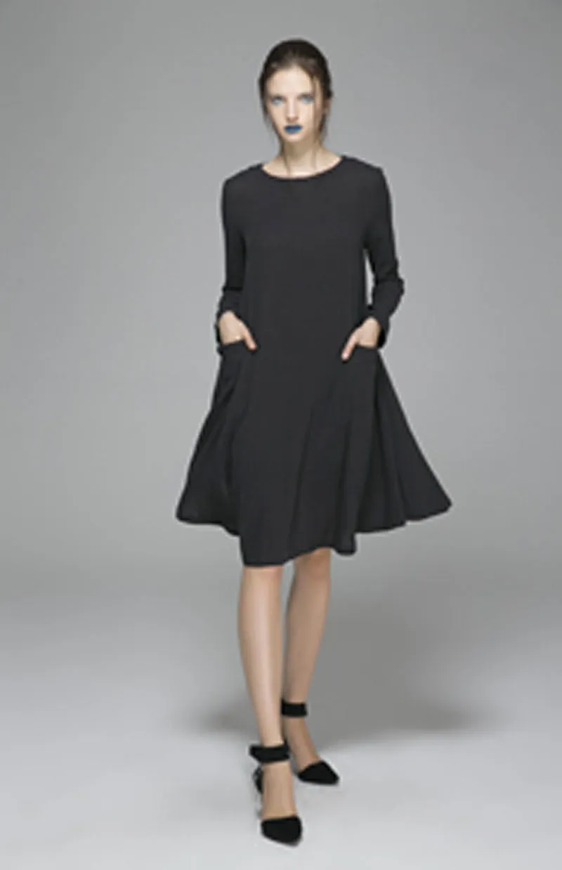 Black linen dress midi dress shirt dress 1399#