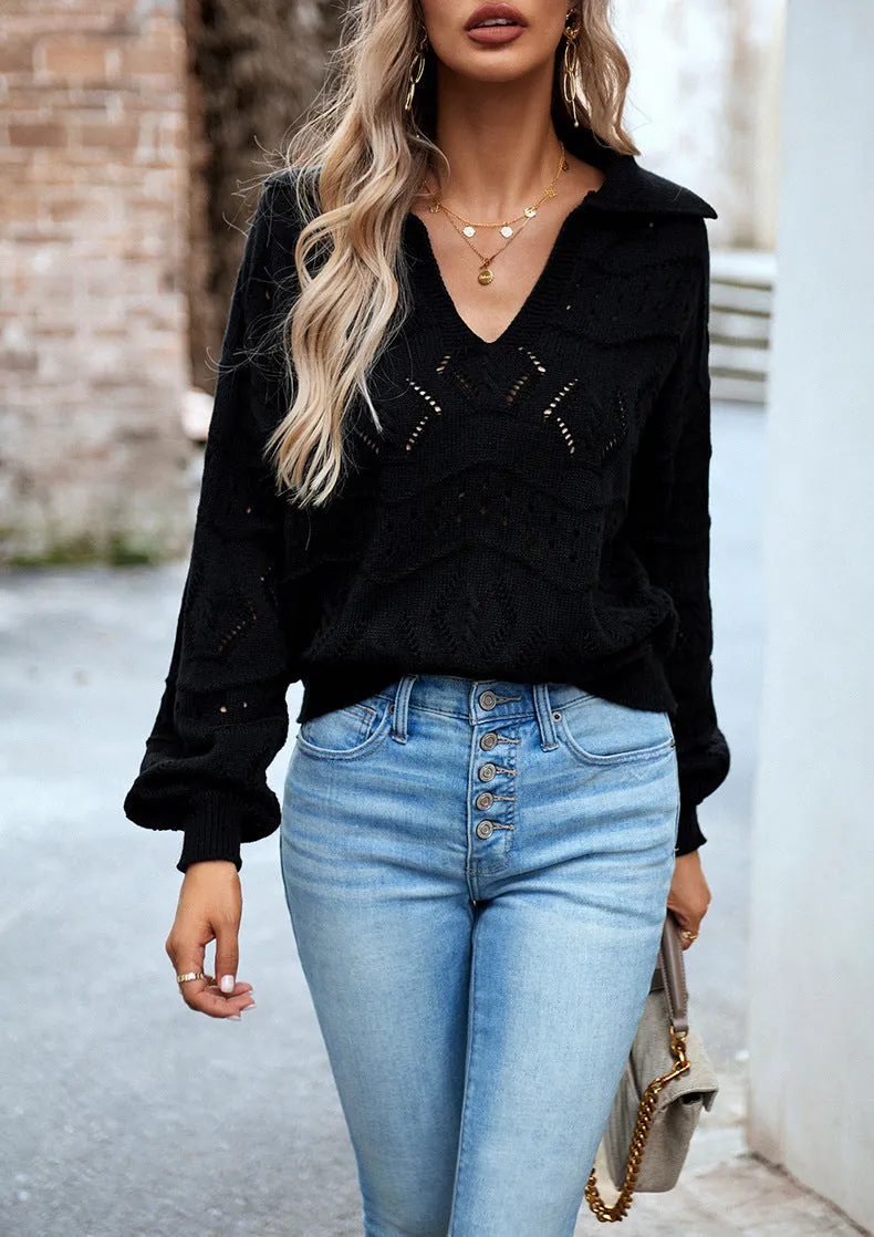 Black V-neck Knitted Sweater Top