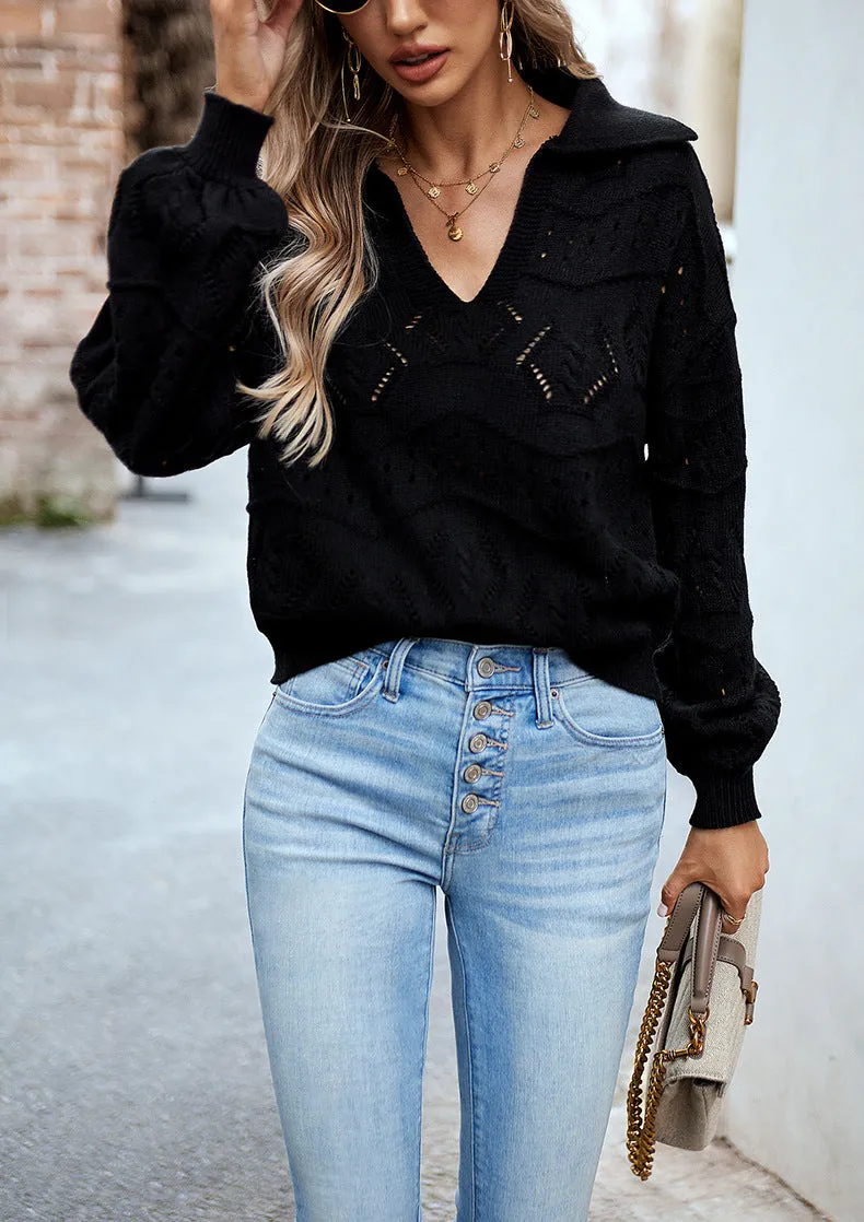 Black V-neck Knitted Sweater Top