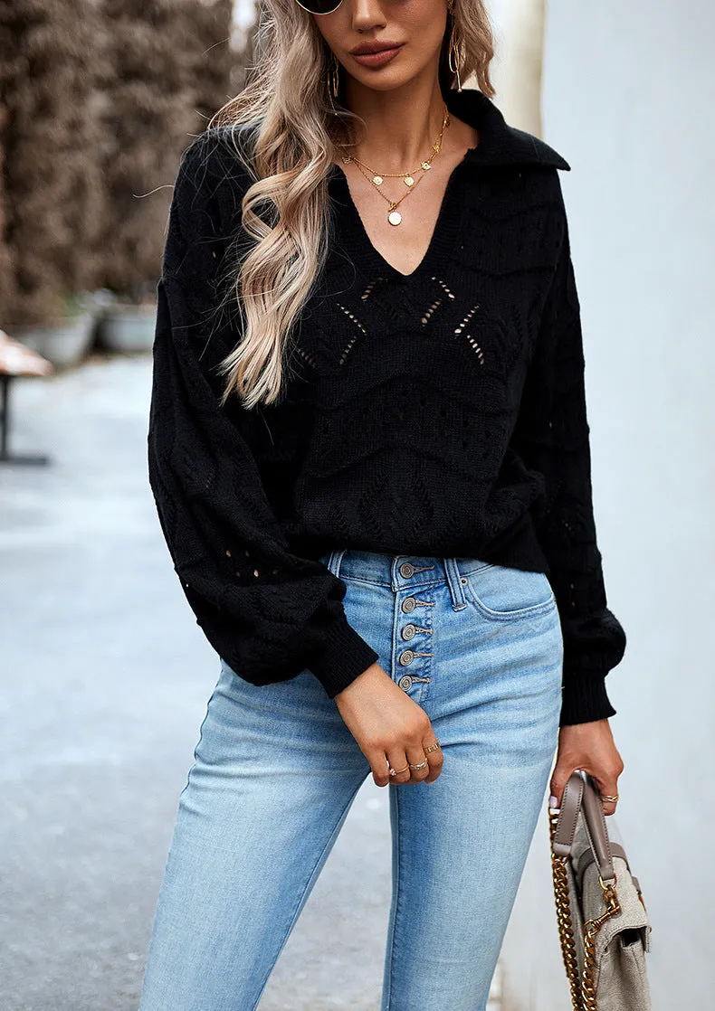 Black V-neck Knitted Sweater Top