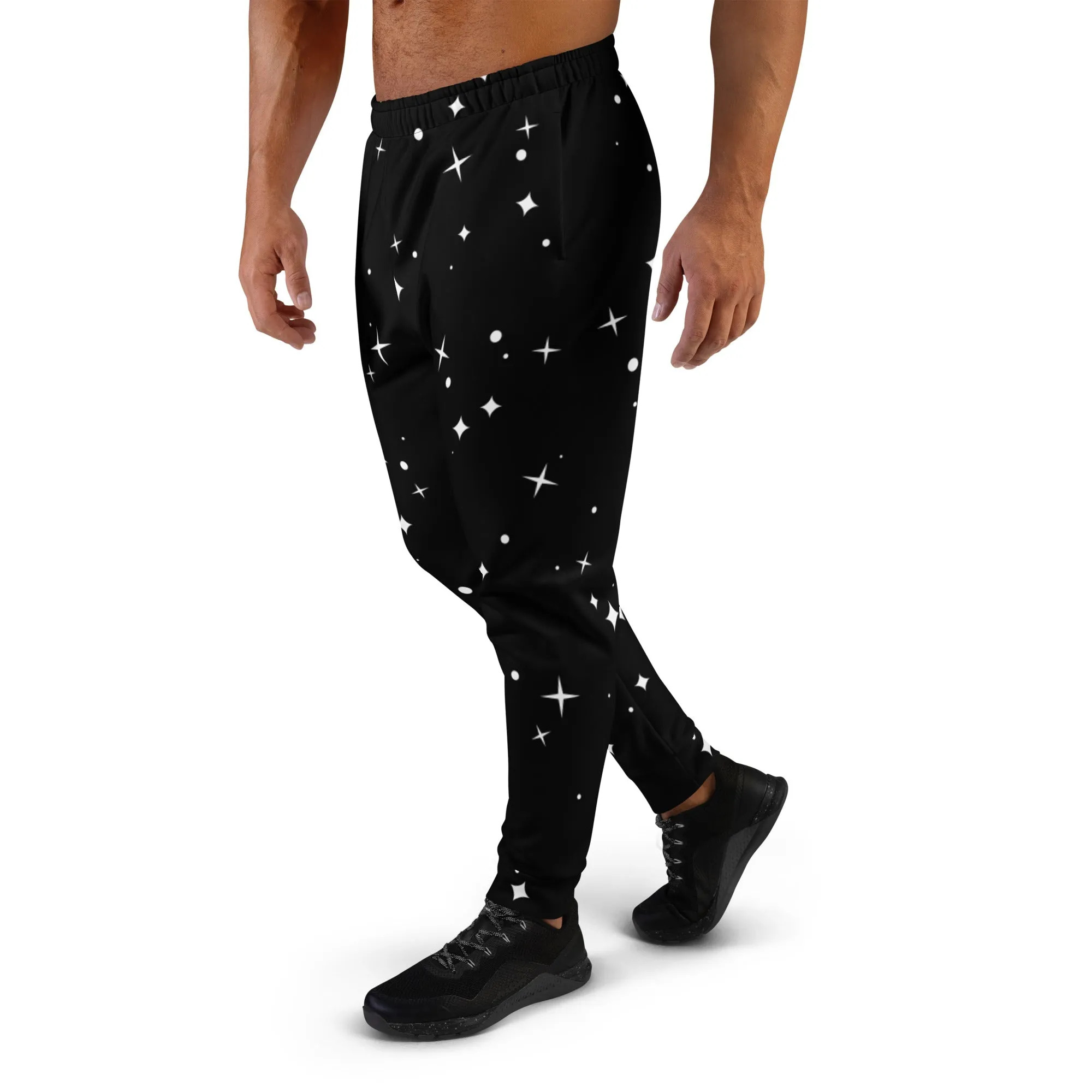 Black White Sparkles Men's Joggers, Sparkling Stars Print Abstract Casual Designer Men's Jogging Pants - Made in USA/EU/MX