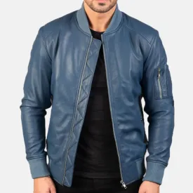 BOMBER-2409 Mush Blue Leather Bomber Jacket