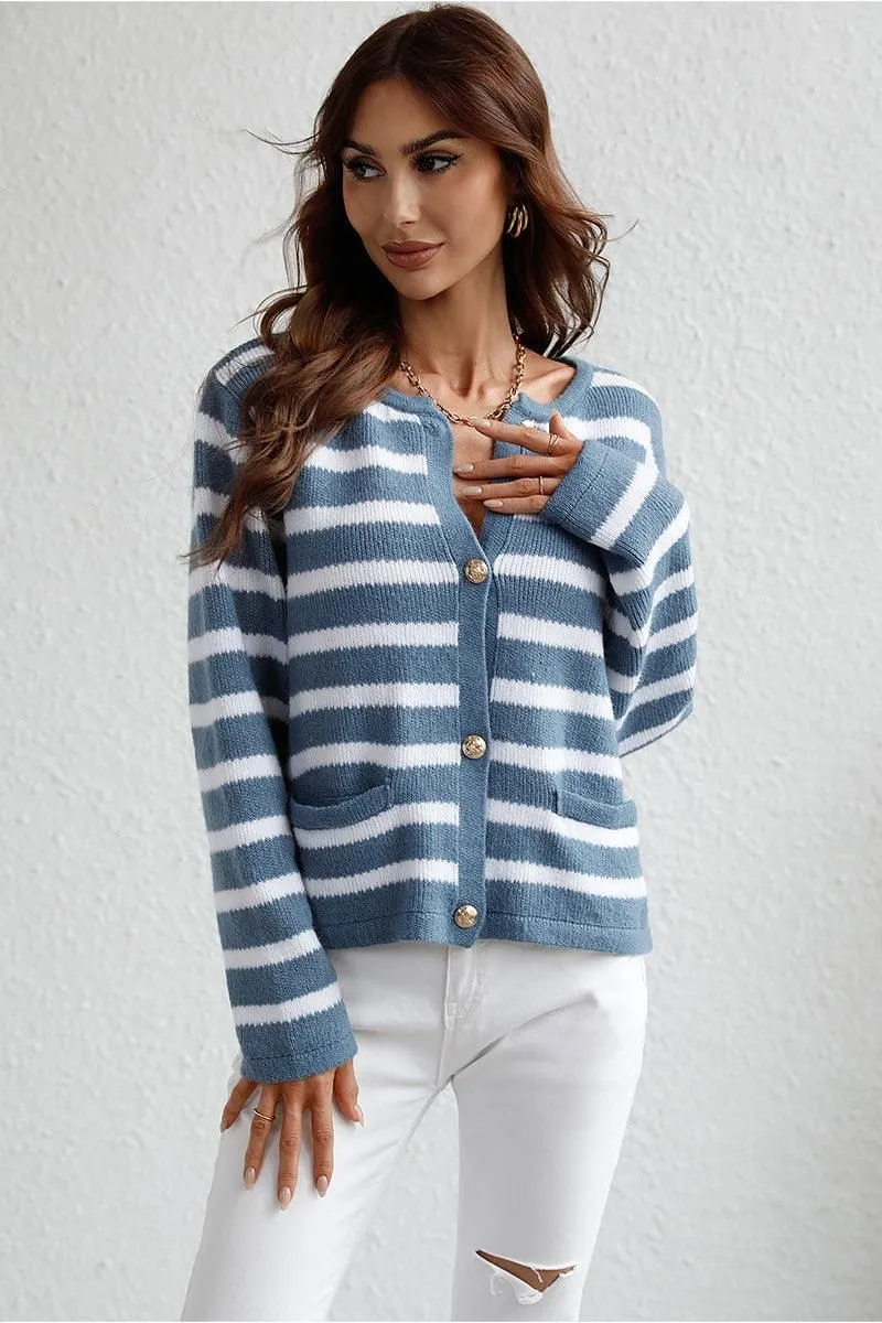 BUTTON DOWN COLOR STRIPE SHORT CARDIGAN