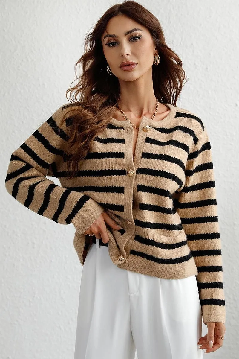 BUTTON DOWN COLOR STRIPE SHORT CARDIGAN