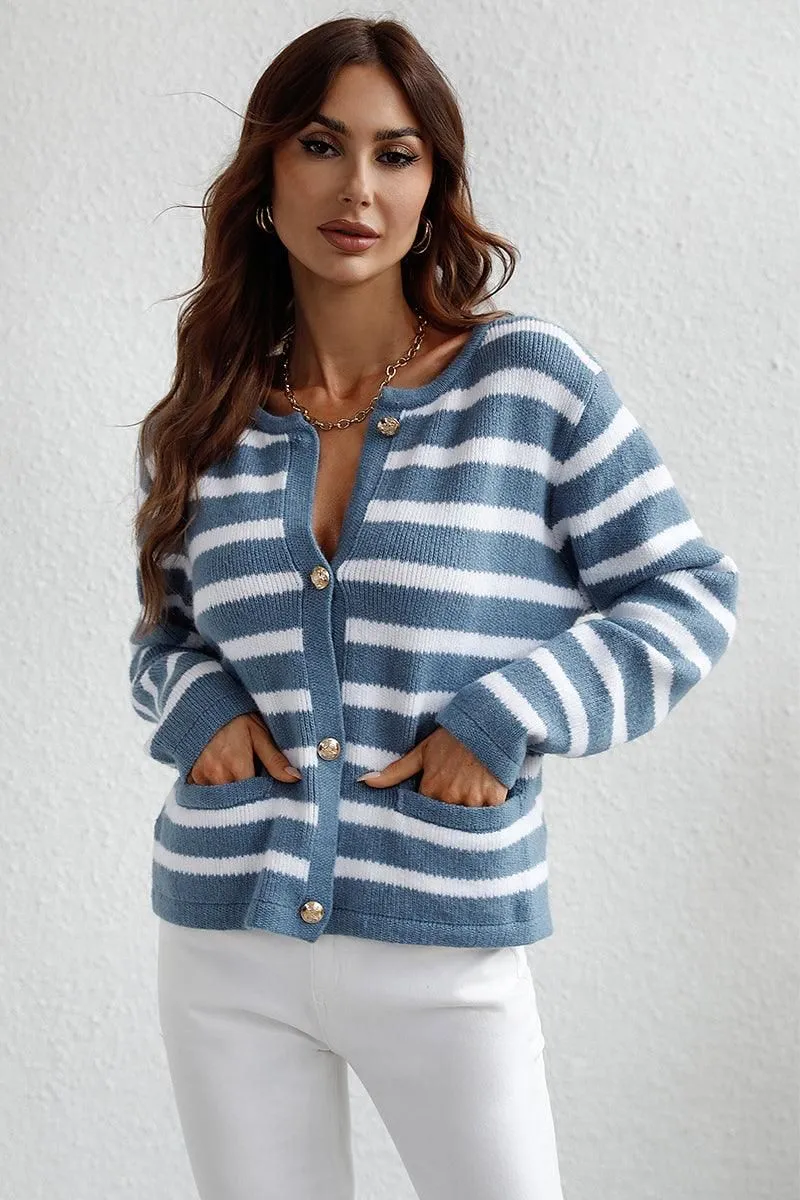 BUTTON DOWN COLOR STRIPE SHORT CARDIGAN