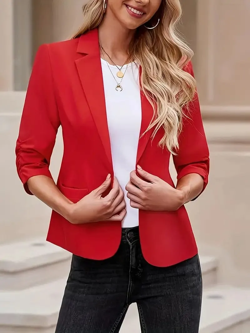 Button Up Solid Blazer with 3/4 Sleeves and Lapel Collar