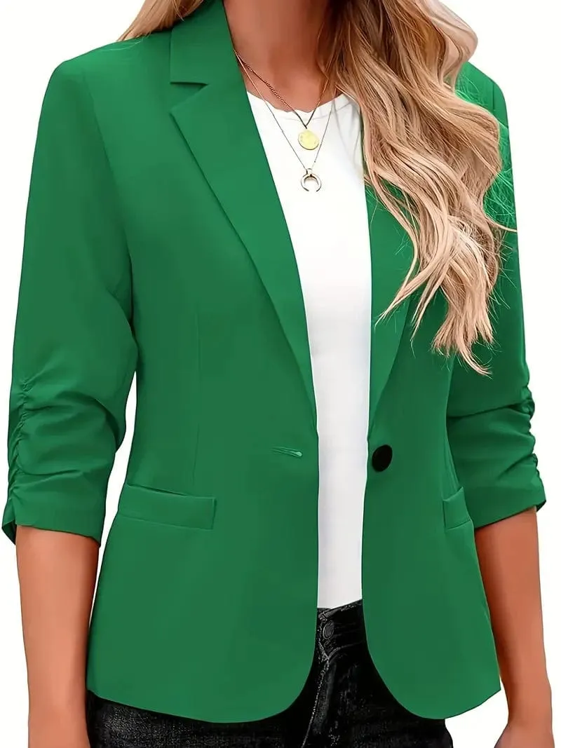 Button Up Solid Blazer with 3/4 Sleeves and Lapel Collar