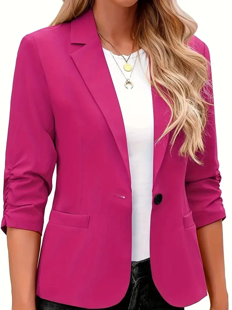 Button Up Solid Blazer with 3/4 Sleeves and Lapel Collar