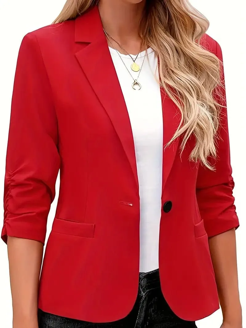 Button Up Solid Blazer with 3/4 Sleeves and Lapel Collar