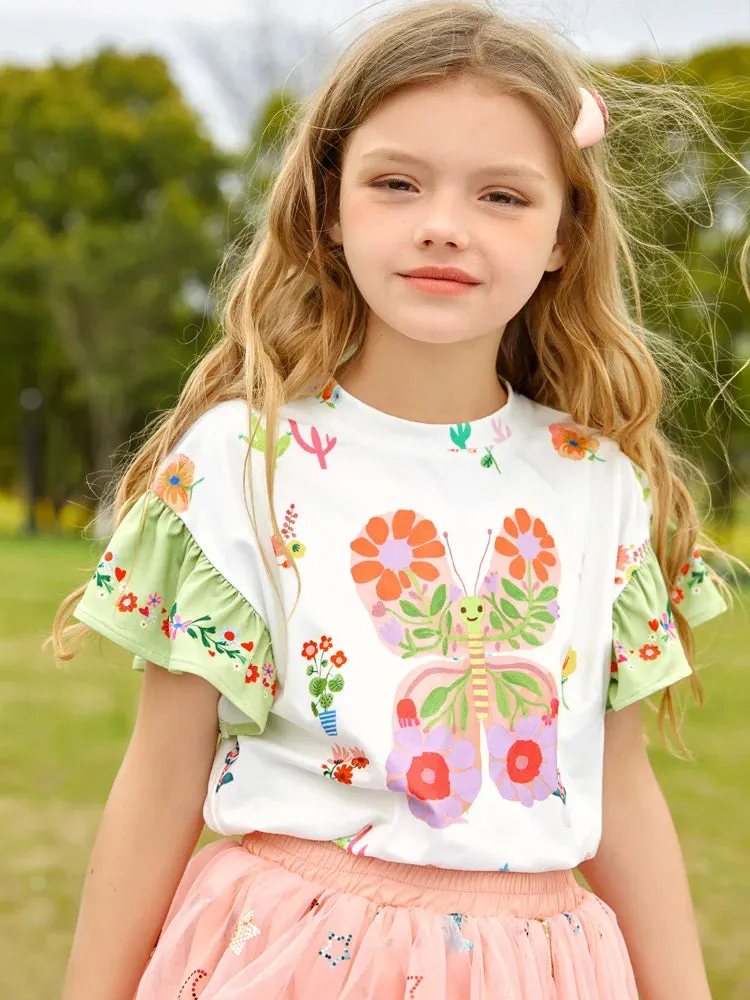 Cartoon Print Kids Girls T-shirt and Layered Skirt Set