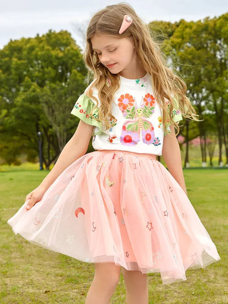 Cartoon Print Kids Girls T-shirt and Layered Skirt Set