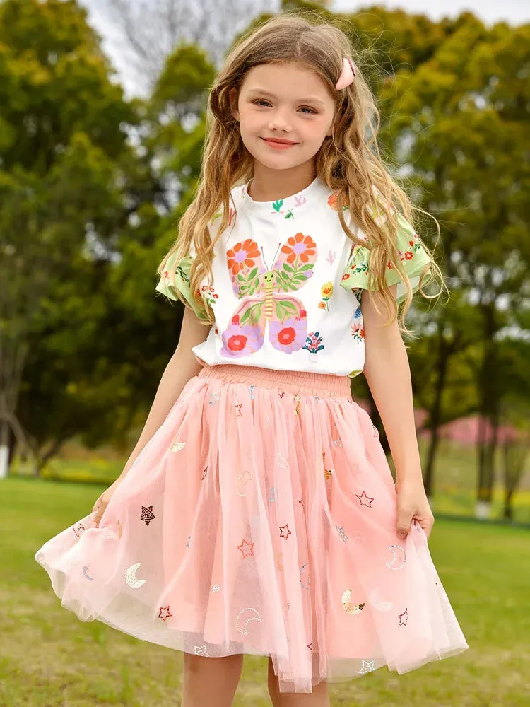 Cartoon Print Kids Girls T-shirt and Layered Skirt Set