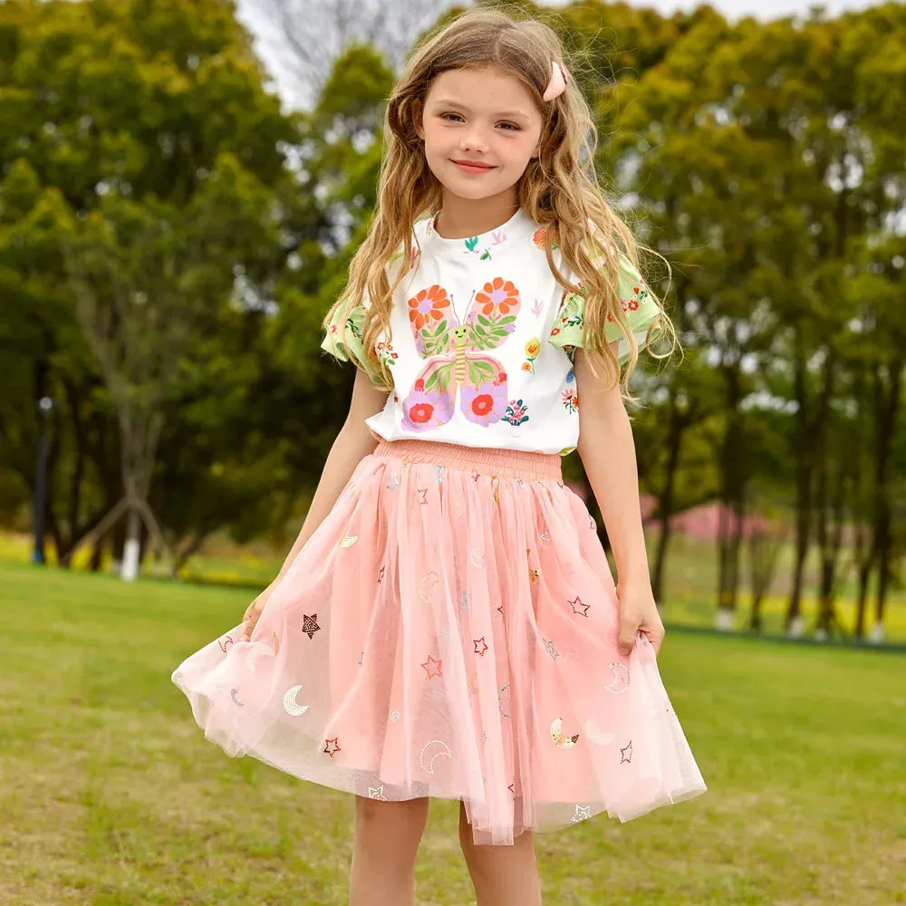 Cartoon Print Kids Girls T-shirt and Layered Skirt Set