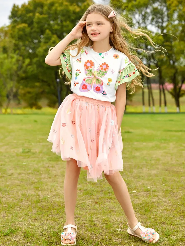 Cartoon Print Kids Girls T-shirt and Layered Skirt Set