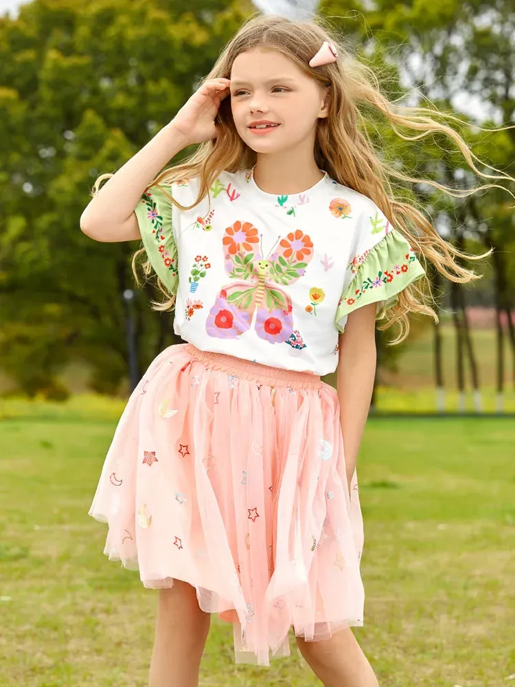 Cartoon Print Kids Girls T-shirt and Layered Skirt Set