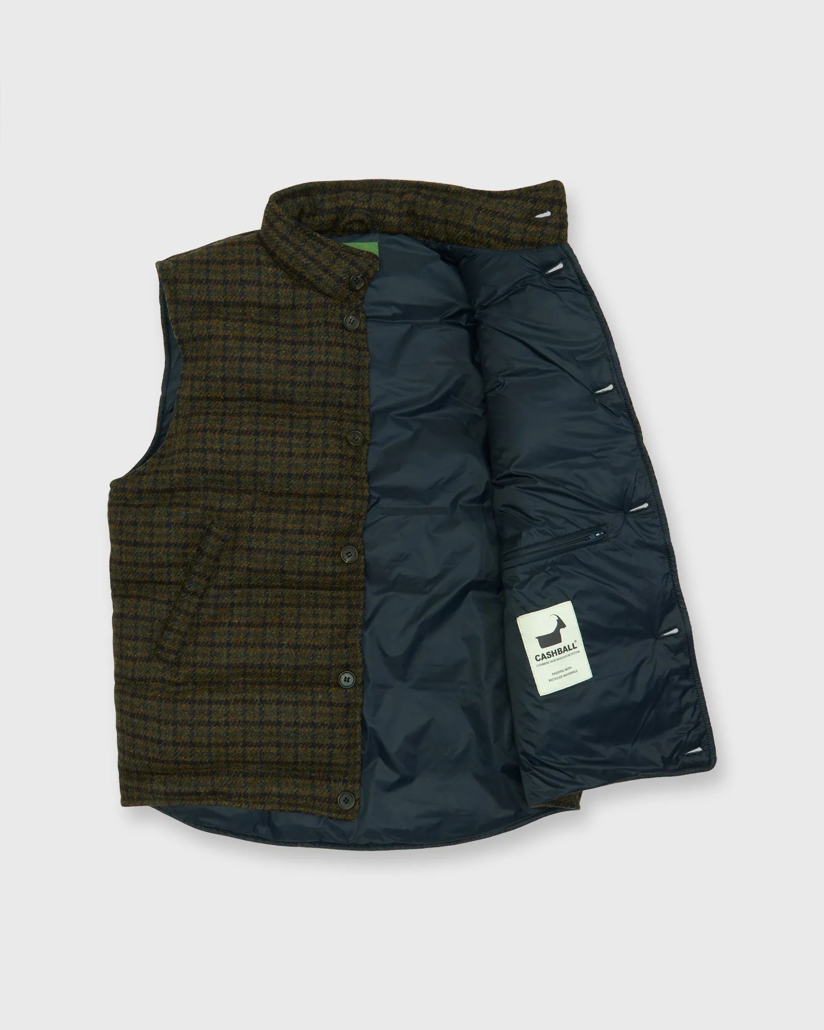 Cashball Vest in Brown/Spruce/Navy Plaid Harris Tweed