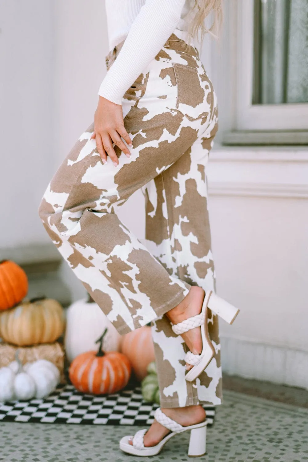 Casual Cow Print Flared Jeans