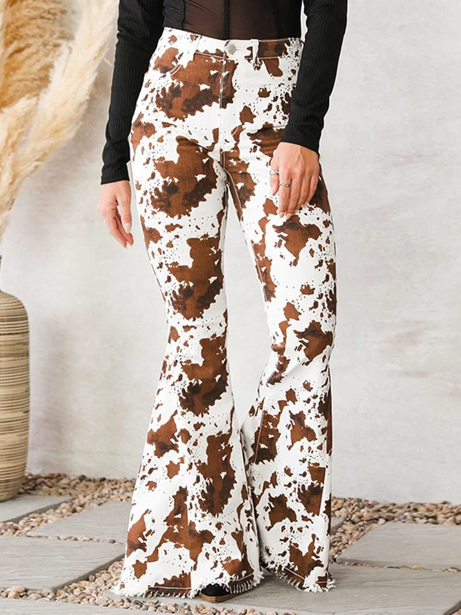 Casual Cow Print Flared Jeans