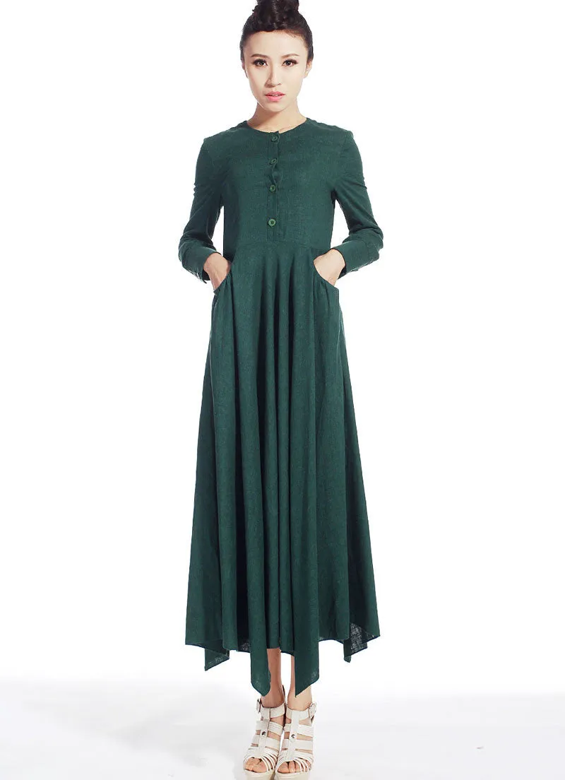 casual dress woman Maxi linen dress long sleeve dress in dark green (505)