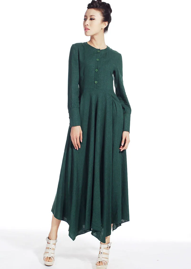 casual dress woman Maxi linen dress long sleeve dress in dark green (505)