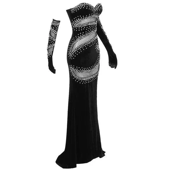 Charity Off Shoulder Cut-Out Rhinestone Embellished Maxi Dress