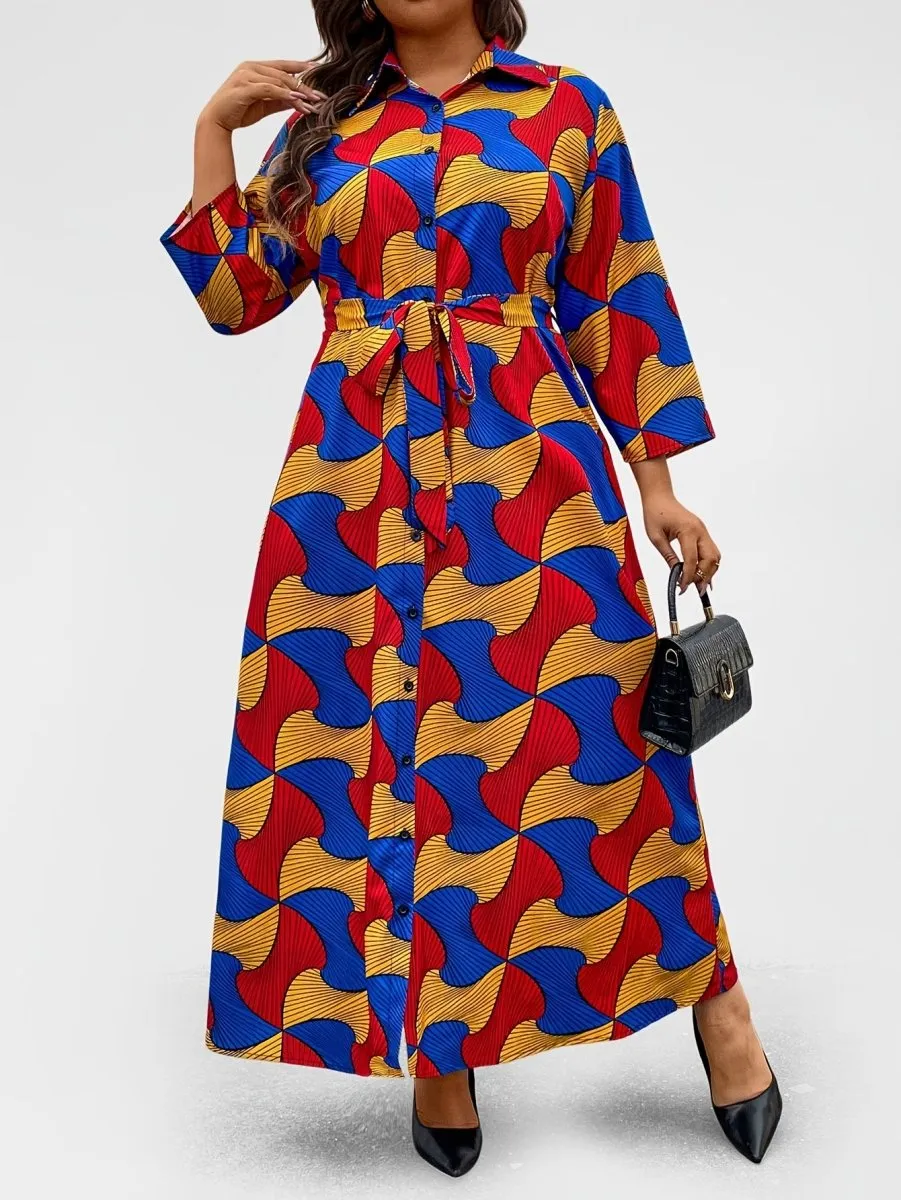 Chic Plus Size Geometric Print Dress with Button Detail - Long Sleeve, Collared, Non-Stretch Polyester