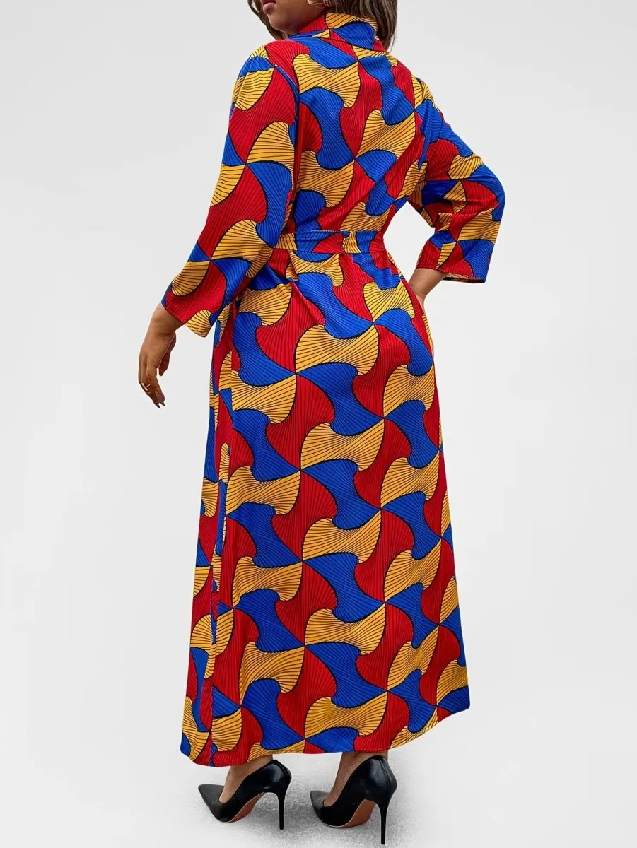 Chic Plus Size Geometric Print Dress with Button Detail - Long Sleeve, Collared, Non-Stretch Polyester