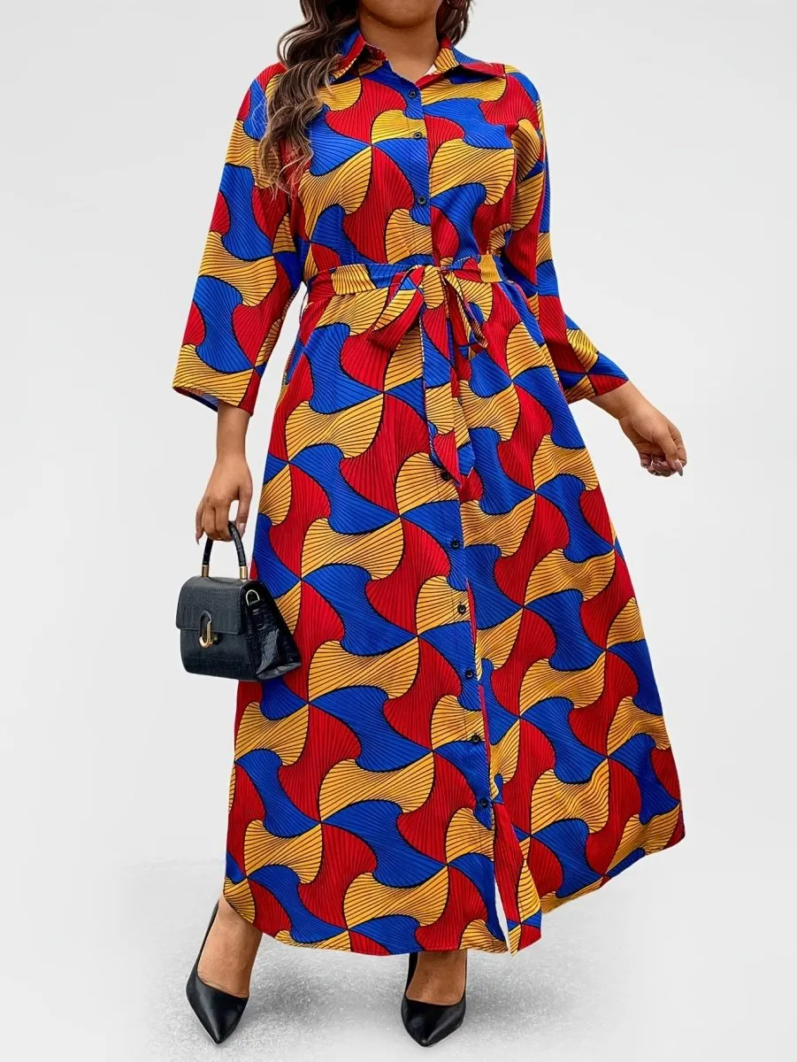 Chic Plus Size Geometric Print Dress with Button Detail - Long Sleeve, Collared, Non-Stretch Polyester