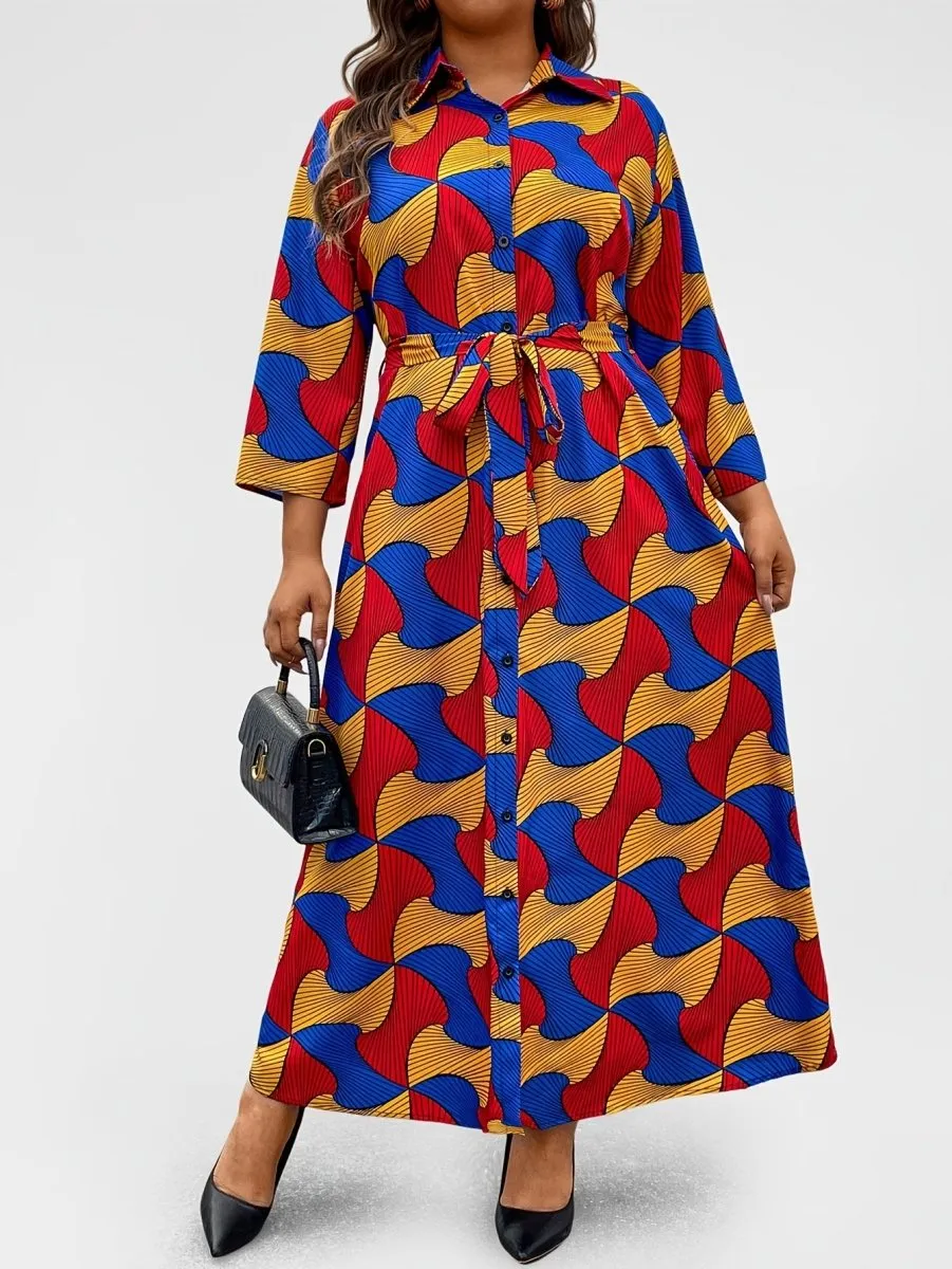 Chic Plus Size Geometric Print Dress with Button Detail - Long Sleeve, Collared, Non-Stretch Polyester