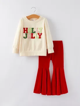 Christmas Letter Applique Top   Flared Pants Outfit Set