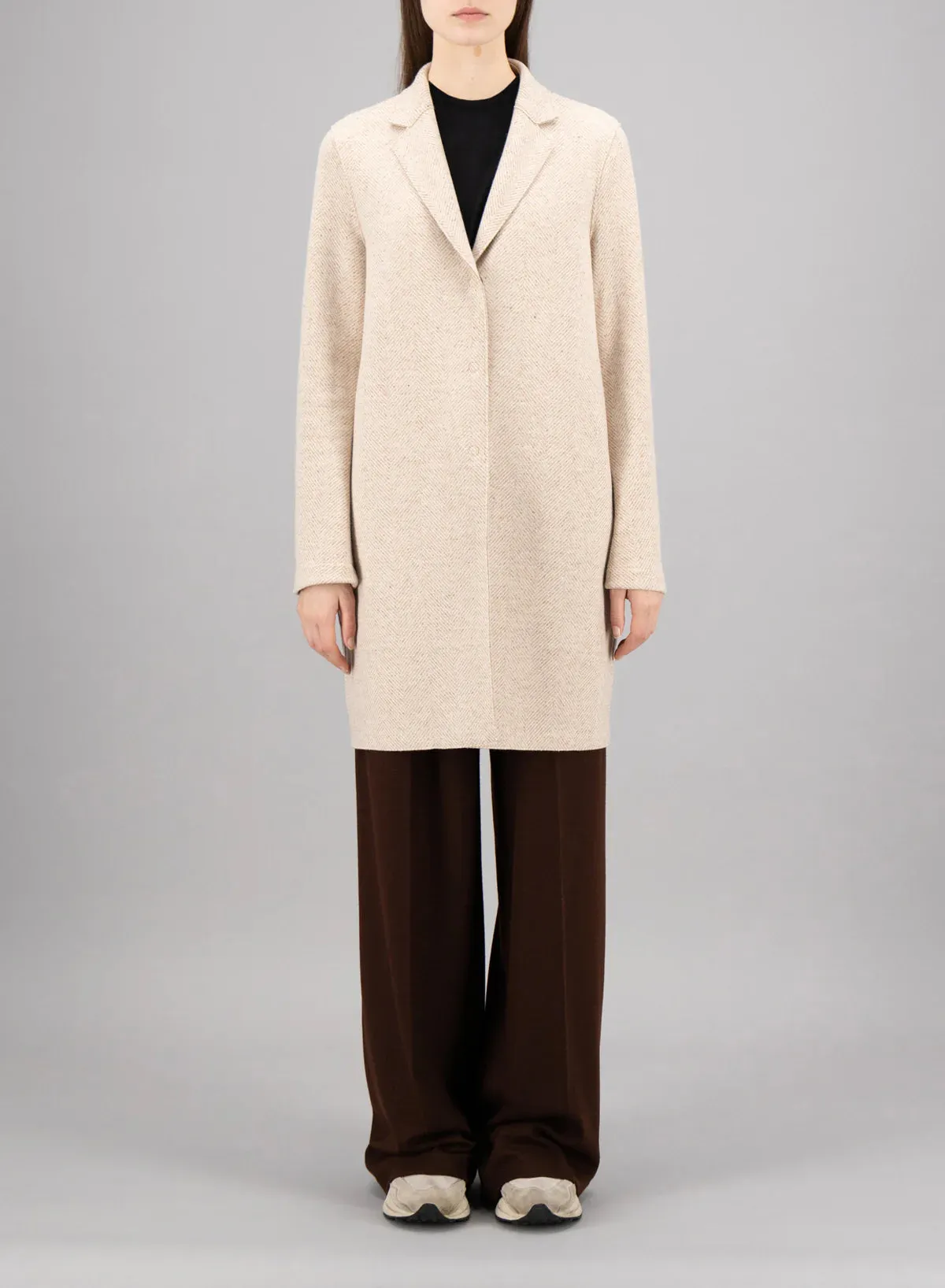 Cocoon Coat Patterned Cashmere - Cream Herringbone