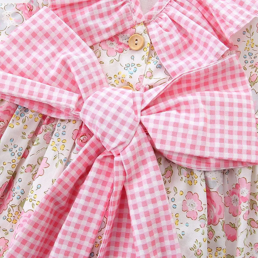 Cotton Gingham & Floral Dress, Pink Size 1-6 Yrs