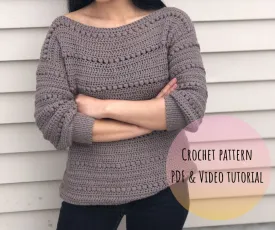 Crochet sweater pattern : Us women's XS - XXL  PDF file/Photo and video tutorial, crochet scoop neck sweater, crochet pattern,